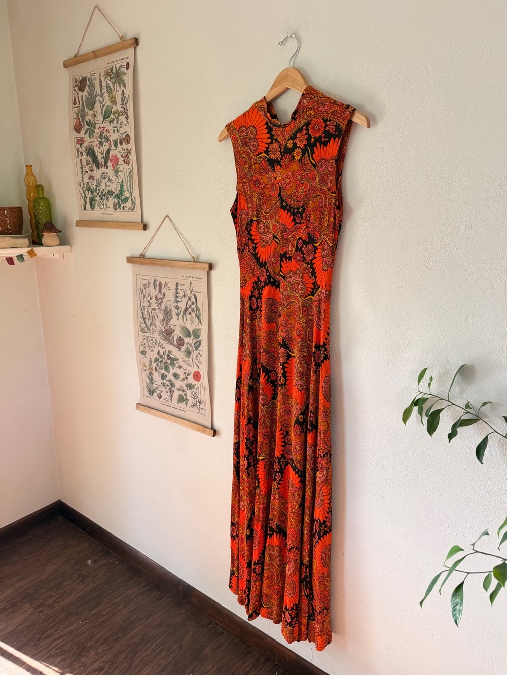 Vintage 1960s/ 1970s - Small - Hippie Orange Floral Maxi Dress